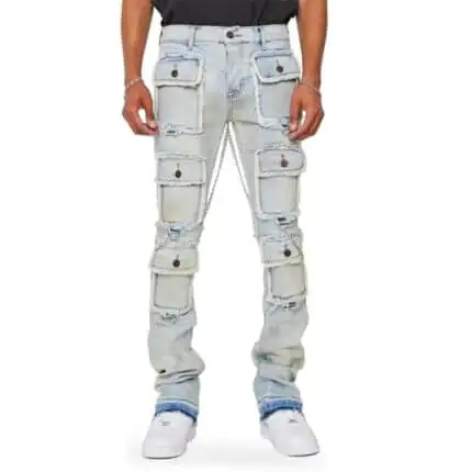 Light Blue Multi Patch Pocket Stacked Cargo Jeans