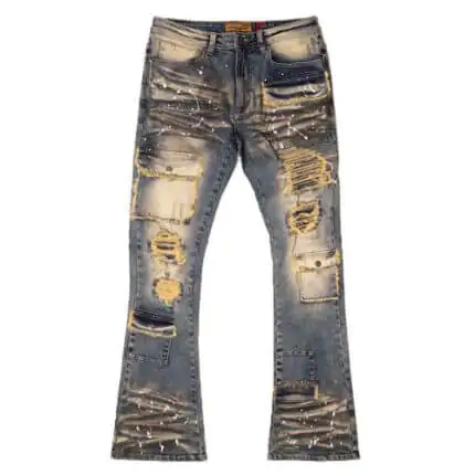 Vintage Durable Denim Fabric Semi Flare Stacked Pants