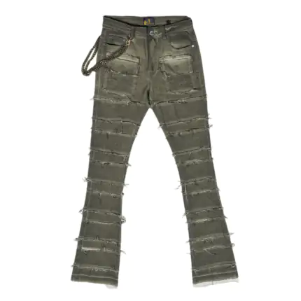 Green Multi Layered Pleated Chain Stacked Jeans