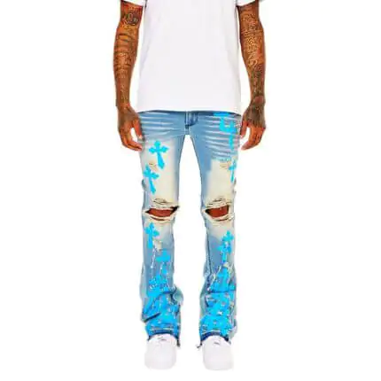 Straight Distressed Fade Print Flare Stacked Jeans