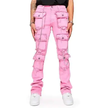 Pink Multi Patch Pocket Stacked Cargo Jeans