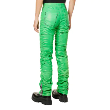 Dark Mint Green Leather Stacked Pants