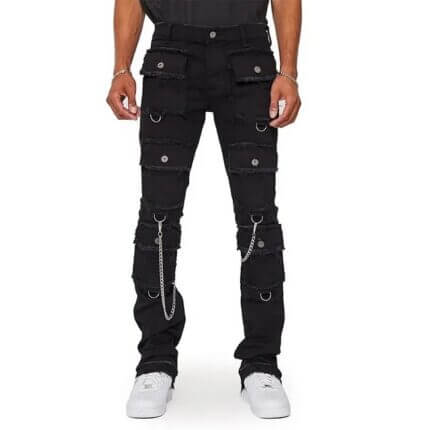 Black Multi Patch Pocket Stacked Cargo Jeans