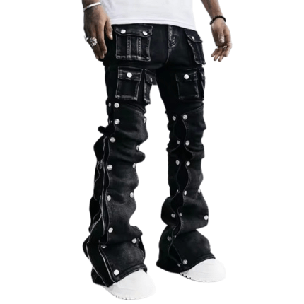 Straight Leg Pockets Black Cargo Stacked Jeans