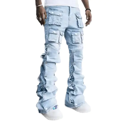 Straight Leg Pockets Blue Cargo Stacked Jeans