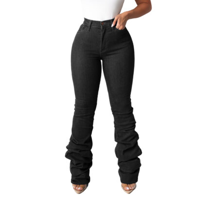 Solid Black Long Stacked Jeans Women