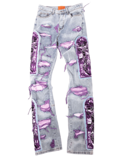 Purple Raw Hem Flared Stacked Denim Jeans