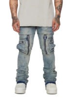 Zipper Denim Ripped Flared Stacked Jeans