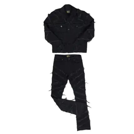 Black Denim Stacked Jacket and Pants Suit